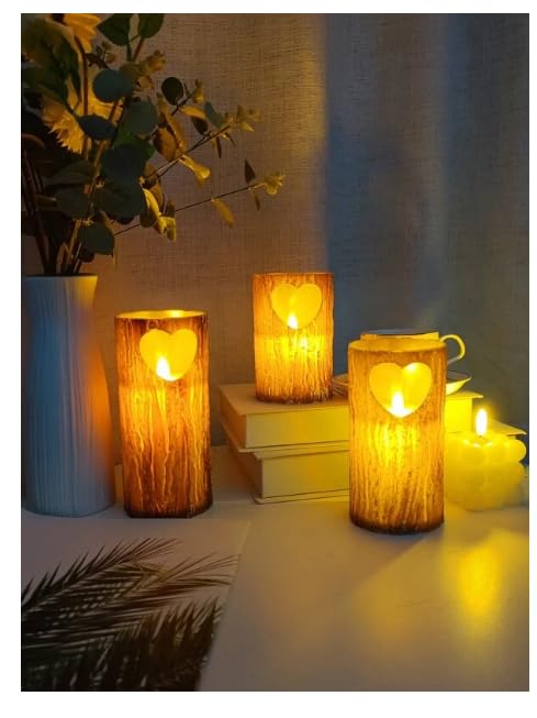 FYCAN 2 LED Light Wooden Heart Shape Flameless & Smokeless Melting Candle Perfect for Gifts, Home, Room, Birthday,Realistic Flickering Flames Country Style,for Christmas (Brown Pine Tree)_2pcs -Brown 4