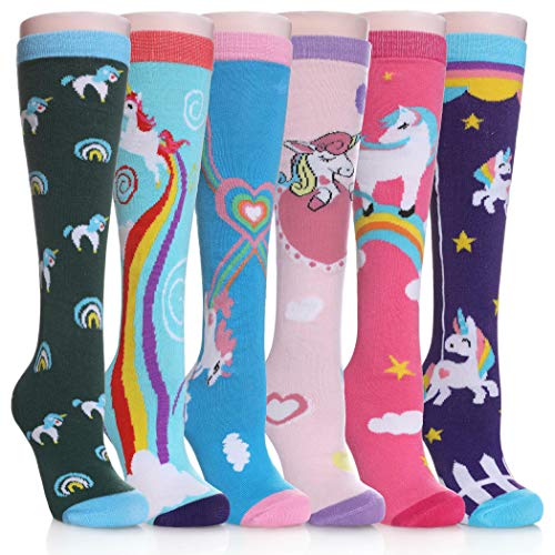 FNOVCO Girls Knee High Socks Cartoon Animal Patterns Cotton Over Calf Socks (6 Pairs Colour Unicorn - 03)