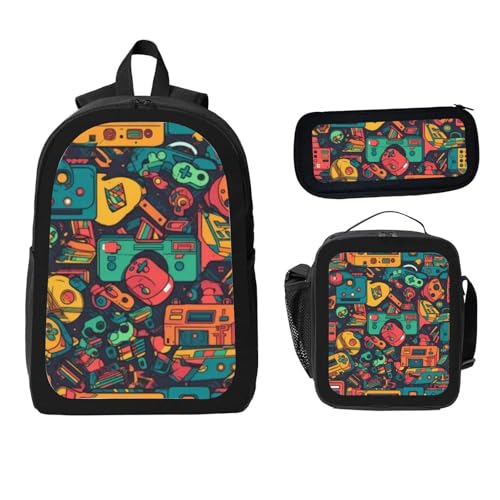 ZaCosy 80s Retro Video Game Theme Backpack with Lunch Box Pencil Set 3 Women Men