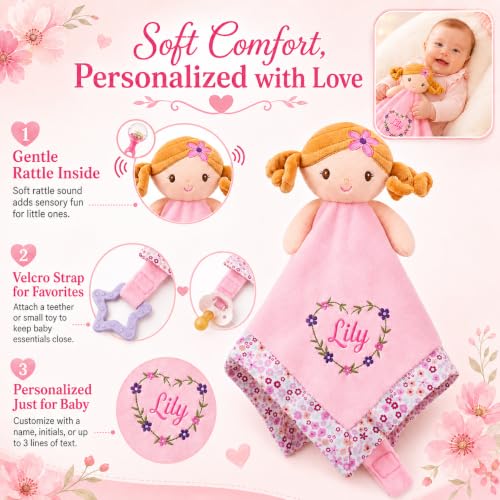 Image of June Garden Personalized Baby Girl Lovey Blanket Lily - 15 inch x 15 inch Plush Comforter with Rattle Doll Head, Custom Name Embroidery Security Blanket with Toy Attachment Strap