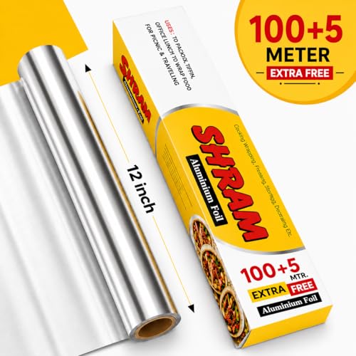 Image of Aluminium Foil 100 Meter + 5 Meter Free | 11 Micron Food Grade Kitchen Foil Roll | Safe Paper Zigzag Cutter | Multipurpose Foil for Home, Hotel & Restaurant Use | Baking, Grilling & Food Wrapping