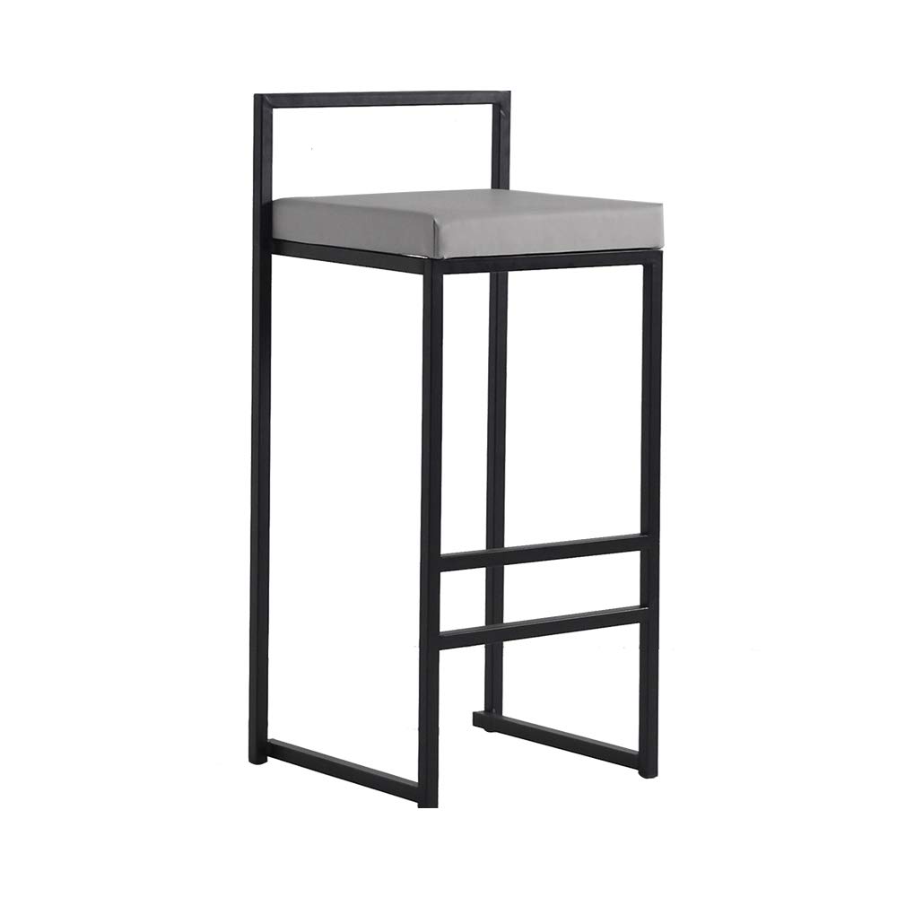 Black Bar Stool, High Stool, Hand-welded Grey Leather Wrap (75cm High, 30 Inches), Iron Construction, Leather Cushion, for Restaurants, Bars, Cafes, Reception Desk