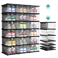 SONGMICS Foldable Shoe Boxes, Pack of 18 Stackable Shoe Storage Organizer, Set of 3 Integraed Shoe Cabinets, Portable, Fit up to US size 13, 60s Assembly, Transparent and Ink Black ULSP207B01