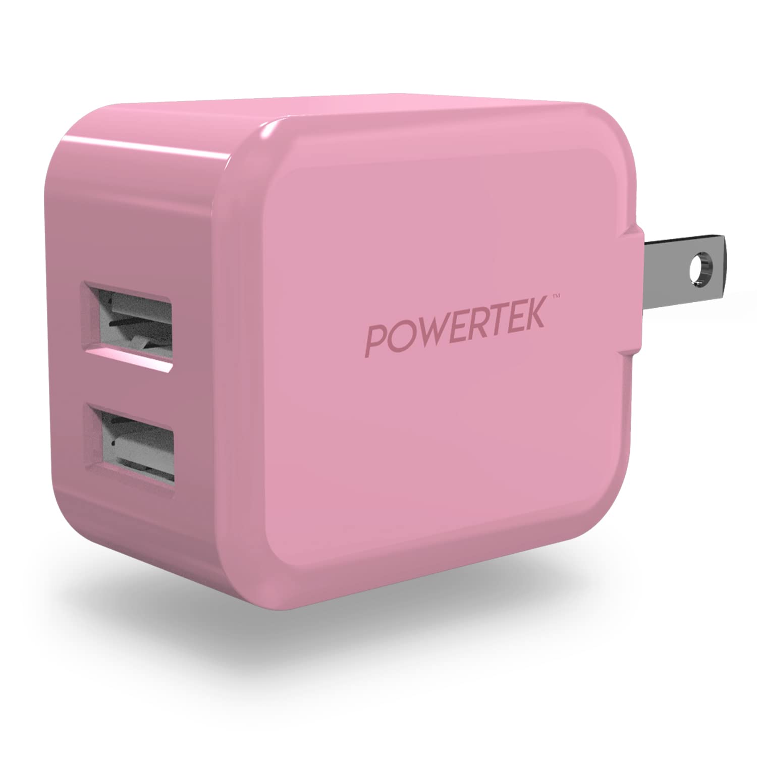 Liquipel Powertek Dual USB-A Wall Charger, Beveled Edges, Foldable, Compact, Pastel Colors (Pink)