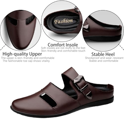 Men's Genuine Leather Hollow Closed Toe Sandals with Adjust Buckle Strap Breathable Closed Toe Anti-Slip Flat Mules Summer Casual Beach Driving Walking Slides3