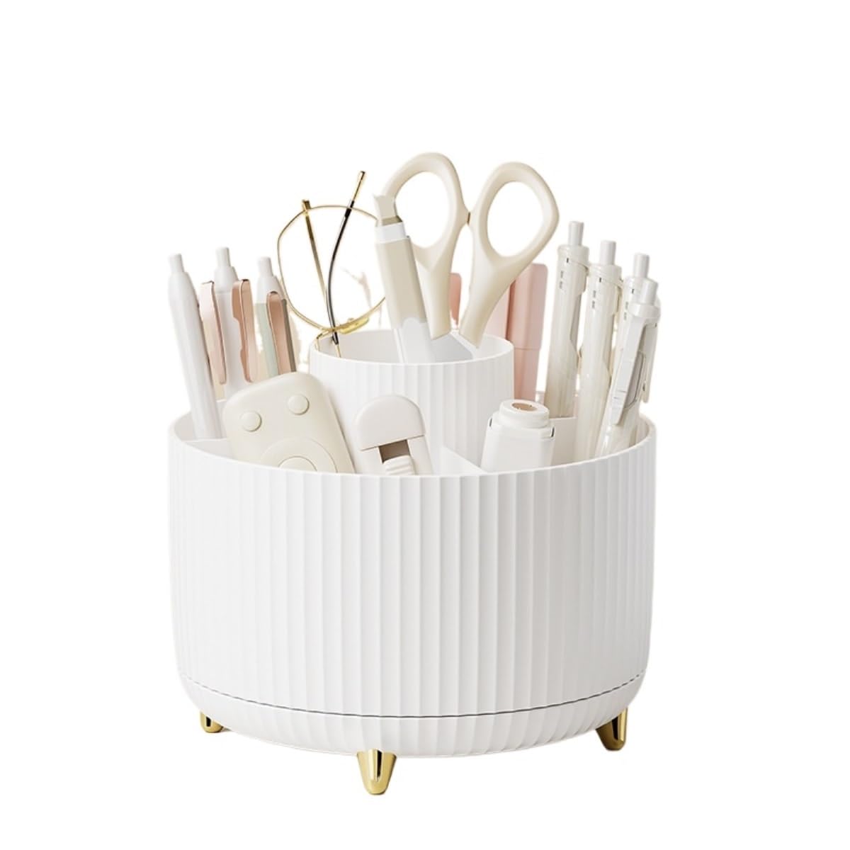 AZHKJKZH Desk Tidy Caddy Pencil Pen Holder 360° Degree Rotating 5 Slots Desktop Stationery Organizers Office Supplies(White)