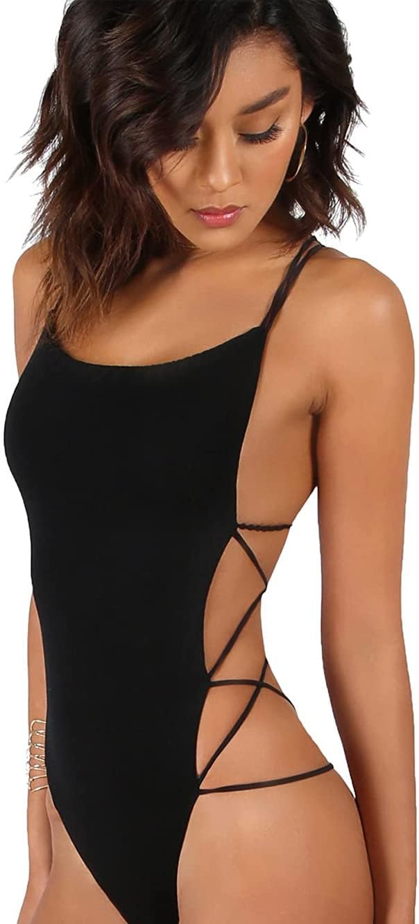 Women's Criss Cross Spaghetti Strap Back Bodysuit Black L