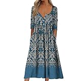 Women Casual Print Button V Neck Short Sleeves Dresses Long Dress Holiday Dress Floral Sundress Midi Dress with Pockets