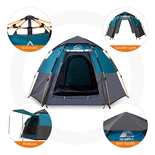 Image of Hewolf 2 /3 /4 Person Camping Tent - Instant Pop Up Waterproof 2 Doors Tent with Easy Setup | 3-Season Hexagonal Dome Design for Family, Hiking & Traveling