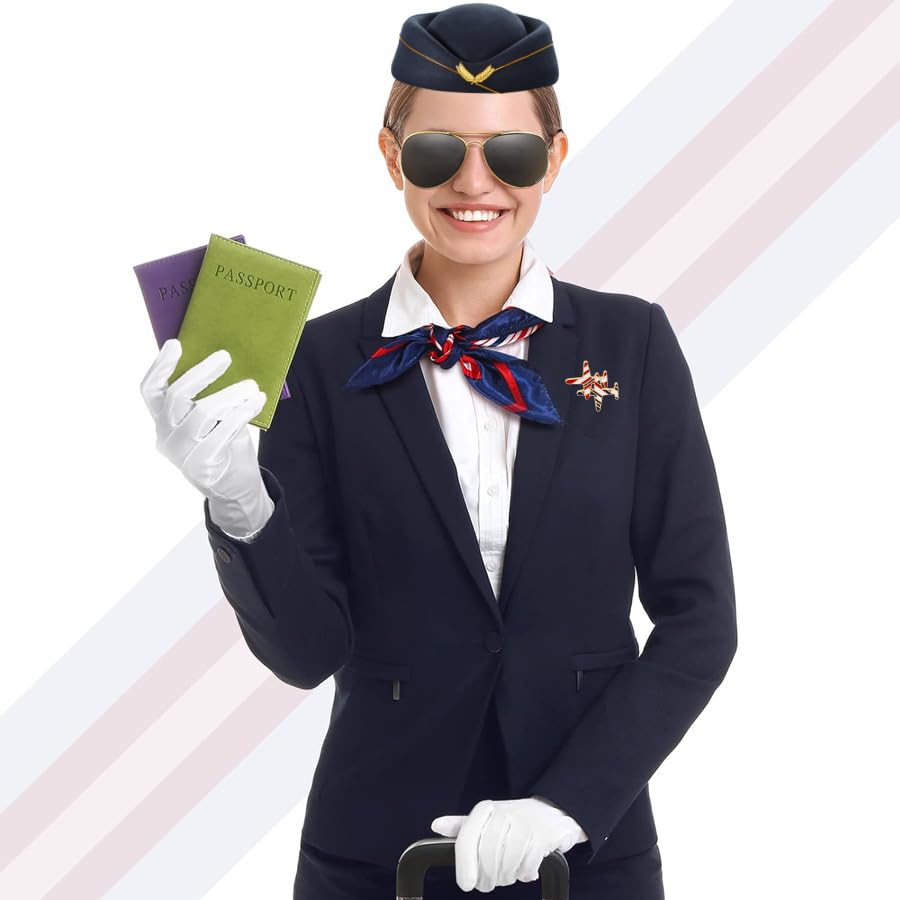 5Pcs Women Air Hostess Costume Set Flight Attendant Costume Airline Stewardesses Outfits with Stewardess Hat Sunglasses Brooch Scarf Gloves for Cosplay Fancy Dress Halloween Party (Navy Blue) - Image 2