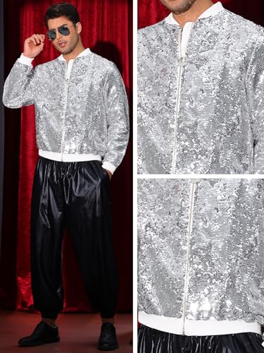 Image of Lars Amadeus Sequin Varsity Jacket for Men's Zipper Party Disco Flip-Sequin Shiny Bomber Jackets