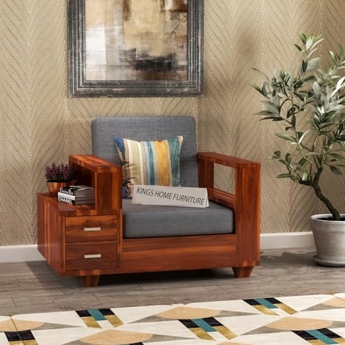 Image of Sheesham Wood 6 Seater Sofa Set with 2 Drawer Storage | 3+2+1 Wooden Sofa Set Furniture for Living Room Home Office (3+2+1,Honey Finish)
