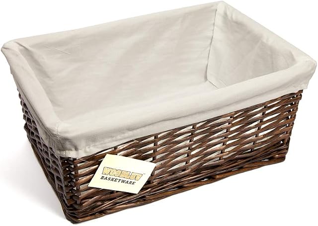 Woodluv Brown Wicker Storage Basket W/Off White Cloth Lining Xmas Hamper - Medium