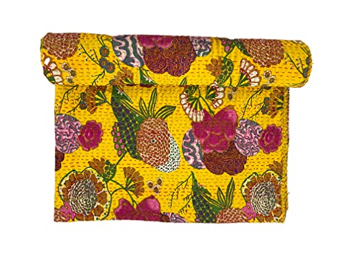 Sophia-Art Twin/King Indian Fruit Reversible Bedspread Pattern Gudri Pure Cotton Kantha Style Quilt Floral Fruit Print Decorative Kantha Stitch Quilt (Lemon Yellow, Twin 60 * 90 Inches) #TOP4
