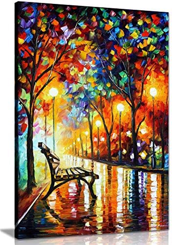 LIRHIQYGF Peinture murale représentant un paysage urbain, une nuit pluvieuse, un banc et des lumières, sur toile, pour la décoration intérieure (60 x 80 cm/avec cadre)