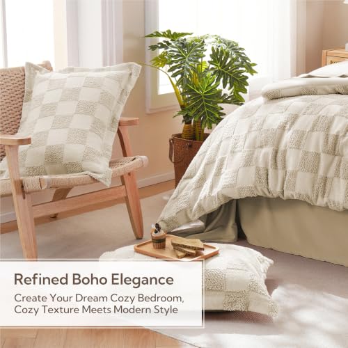 Image of MR&HM King Size Comforter Set 7 Pieces, Checkered Boho Tufted Bed Set Beige | Farmhouse Vintage Bed with Plaid Geometric Design, All-Season Bed in A Bag Comforter with Sheets, Pillow Shams & Pillowcases
