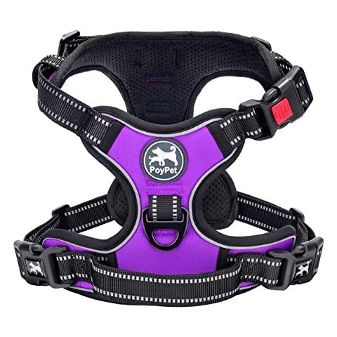 PoyPet No Pull Dog Harness, Reflective Vest Harness with 2 Leash Attachments and Easy Control Handle(Purple,M) Cover
