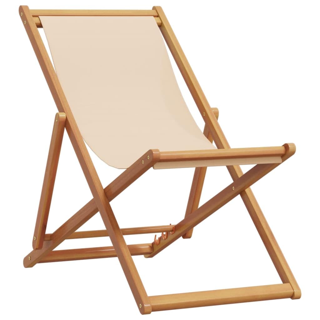 vidaXL Chaise Pliable de Plage Beige Bois Massif d'eucalyptus et Tissu, Chaise Longue, Chaise d'extérieur, siège d'extérieur, Chaise de Camping