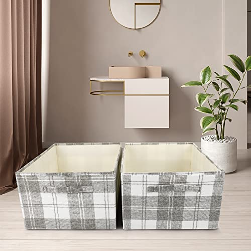 Anminy 2Pcs Storage Bins Set Foldable Cotton Linen Open Storage Basket Box With Handles Washable Pp Plastic Board Plaid Pattern Decorative Nursery Baby Kid Cloth Laundry Organizer - Light Gray, Large #TOP6