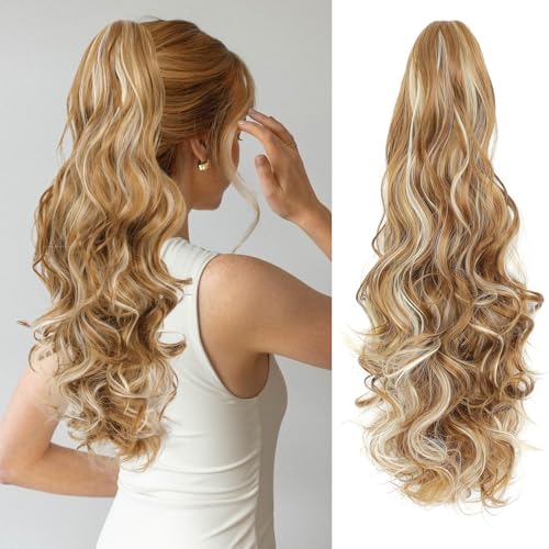 Image of 24 inch Ponytail Extension, Long Curly Wavy Claw Clip and Natural-Looking Synthetic Hairpiece, Voluminous Pony TailHair Extensions for Women Daily Wear. (Dark Blonde with Beige Blonde Highlights, 24Inch)