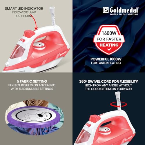 Image of Goldmedal Impress 1600W Steam Iron| Non-stick Premium Double Coated Soleplate| 5 Fabric Setting|1.8 Meter Cord|360 Swivel Cord| Indicator Lamp for Heating| 2.5 Years Warranty| Light Weight (Orange)