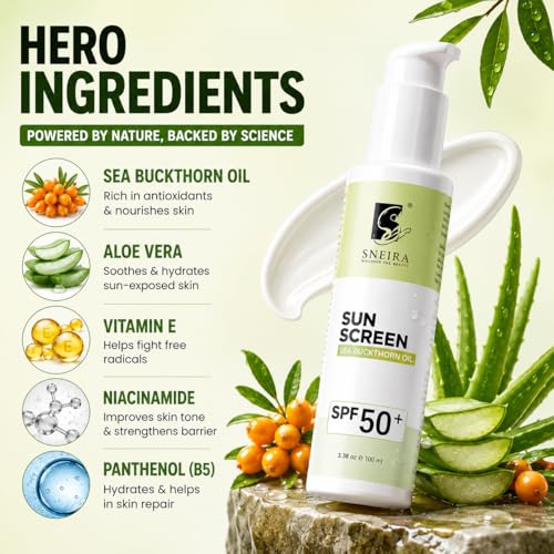 Image of Sea Buckthorn Oil Sunscreen SPF 50+ 100ml | Broad Spectrum UVA UVB Sun Protection for Face-Body |Fast Absorbing No White Cast Sunscreen | Water Resistant Daily Use for All Skin| Men-Women
