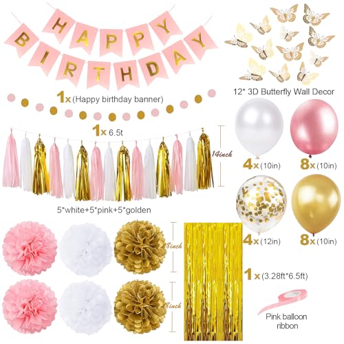 image for pugkloy Pink and Gold Birthday Party Decorations for Women with Happy 