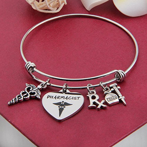 bobauna Stainless Steel Pharmacist Expandable Wire Bangle Bracelet with Medical Caduceus RX Symbol Pharmacy Charms Pharmacist Graduation Gift4