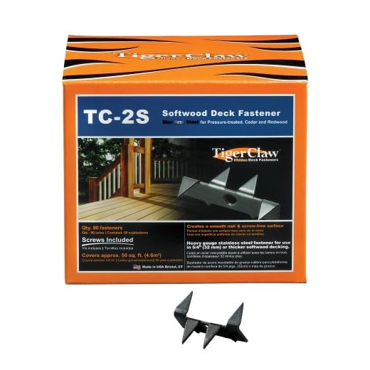 Tiger Claw TC-2S Hidden Deck Fastener for Softwoods 90 Piece Box, Clips and Screws, Stainless Steel