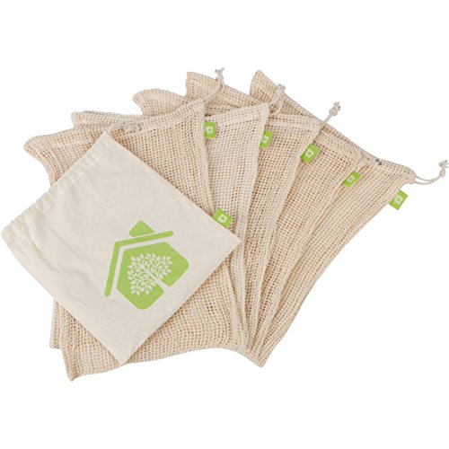 Green Home Habits Reusable Produce Bags - Organic Cotton Mesh - 5 Pack - Large Size for Grocery Shopping - With Convenient Muslin Carry Bag