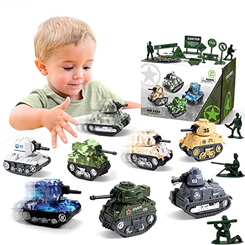 Pull Back Military Vehicles Tank Toys for Boys, 8 Pull Back Toy Army Tanks with Army Men Military Road Sign, Small Diecast Tanks Military Toy Army Car Truck Toys Gift for Kids Age 3 4 5 Years Old