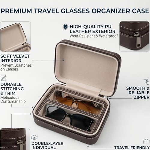 Image of ROSELLE Eyewear Travel Case for women men, Luxury leather 2 /3-Slot Eyeglasses Storage Box for Multiple Glasses and Sunglasses