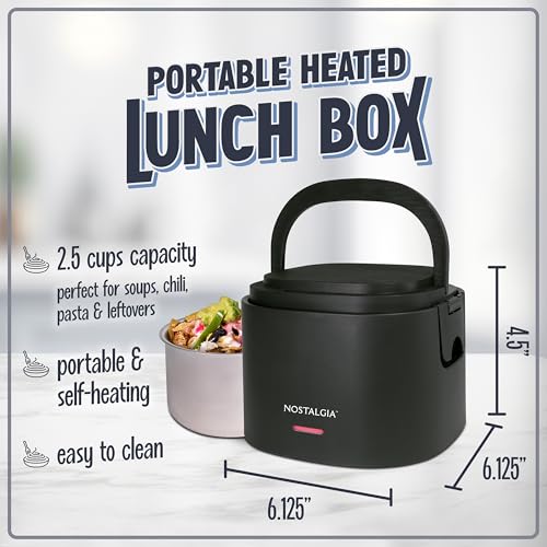 Nostalgia Portable Heated Lunch Box – 2.5-Cup Stainless Steel Food Warmer – Detachable Cord, Leak-Proof Lid, Carry Handle – Portable for Work & Travel – Black Berry - image 2