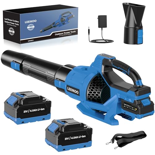 LEEIKOO Soplador de Hojas, Soplador Bateria 21V con 2 Baterías de 4.0Ah, 3 Ajustes de Velocidad, 2 Tubos de Soplado, Correa para el Hombro para Soplar Hojas, Nieve, Polvo y Residuos