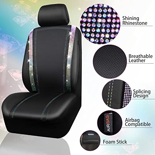 Image of CAR PASS Leather Bling Diamond Car Seat Covers 2 Front Interior Sets, Waterproof Universal Shining Glitter Crystal Sparkle Fit for 95% Auto Truck SUV Cute Women Girl, Black Multicolor Rhinestone