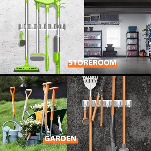 Image of JIALTO Broom Holder | Adujstable 4 Mop Stand with 5 Hook Broom Stick Holder Wall Mounted | Heavy Duty Broom Holder Wall Mounted Or Tool Organizer for Home Garden Garage and Storage (Silver)