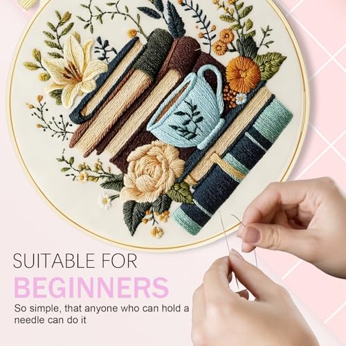 Image of Huacan Flowers Embroidery Kit for Beginners Stamped Books and Flowers Pattern Cross Stitch Kit with Instructions