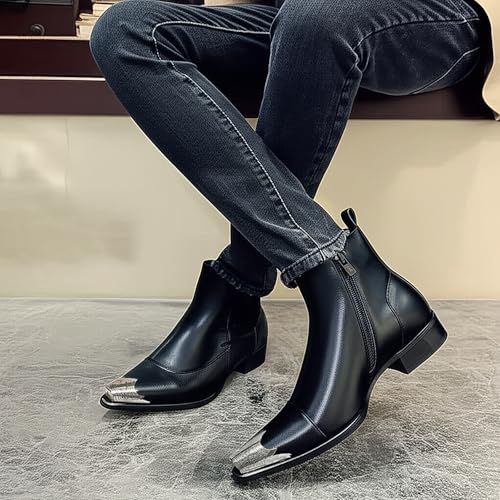 Men's Western Pointed Toe Ankle Boots with Metal Toe Cap Side Zipper Dress Boots4