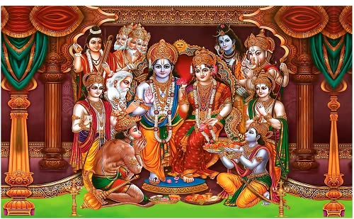 Backdrop Cloth for Pooja Decoration - M 48 - Traditional Background Curtain Cloth for Festival (8x5 Ft) (Seetha Rama Pattabhishekam Backdrop)-picture-24