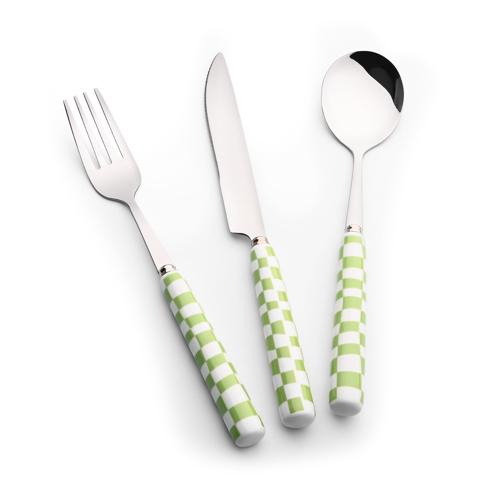 3-Piece Cutlery Set, Stainless Steel Flatware Sets with Green Checkerboard Pattern Ceramic Handle, Utensils including Knife Fork Spoon (Green)