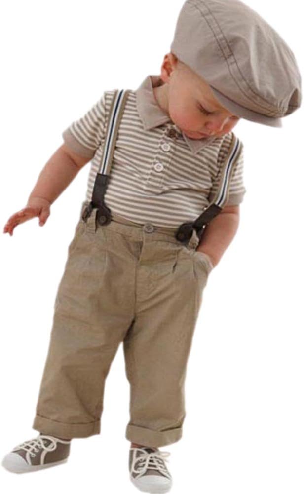 Boy Baby Striped Polo T-Shirt Top Bib + Pants Set Overalls Outfit (80 (6-18 Months)) Brown