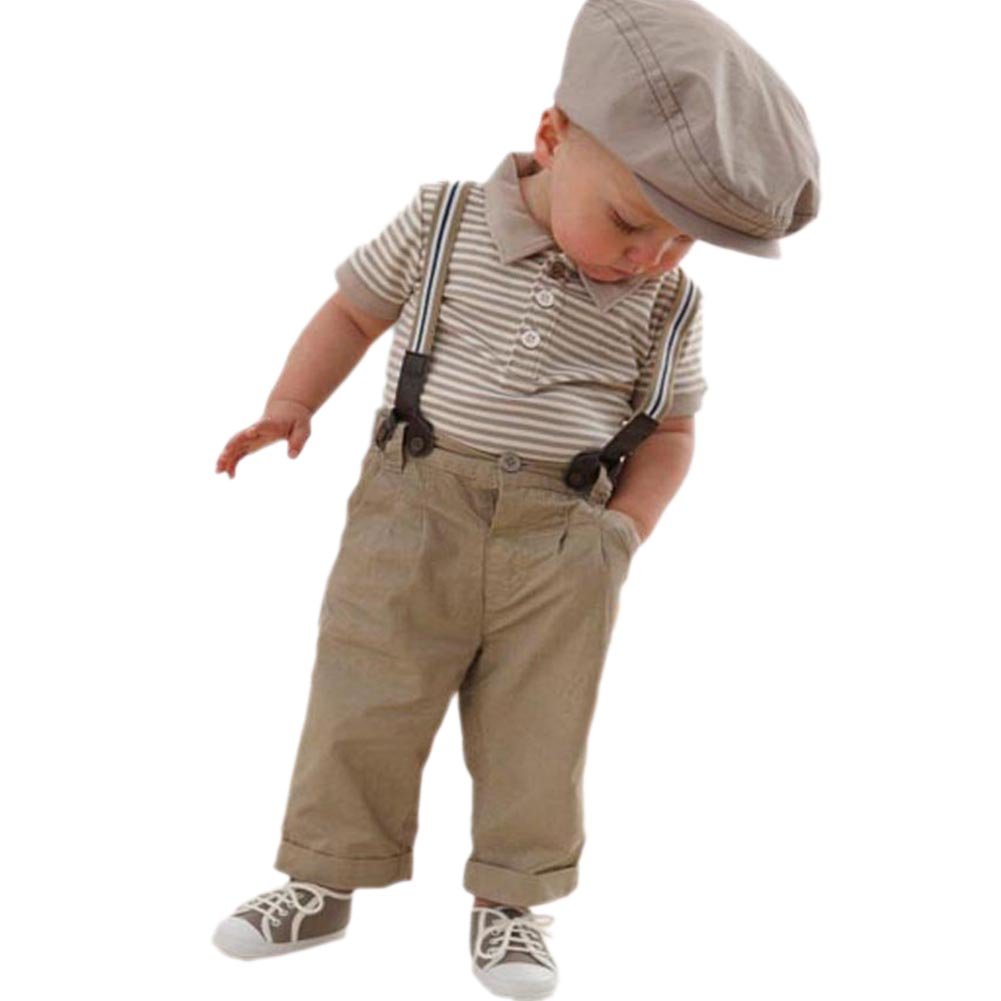 Boy Baby Striped Polo T-Shirt Top Bib + Pants Set Overalls Outfit (80 (6-18 Months)) Brown