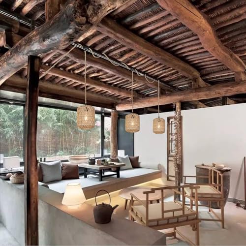 Image of 3 Lights Plug in Pendant Light with Cord On /Off Switch Rattan Hanging Lamp with 22ft Hand Woven Wicker Plug in Chandelier Boho Hanging Lights Fixture for Bedroom Kitchen Hallway Foyer