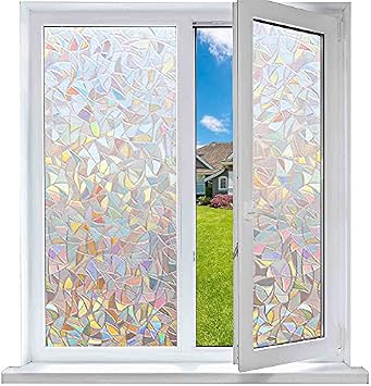 Window Film Privacy, 3D Rainbow Window Decals Non-Adhesive Static Window Cling, Anti-UV Window Sticker Door Clings, Removable Glass Film for Home Office Living Room 17.7" x 78.7"