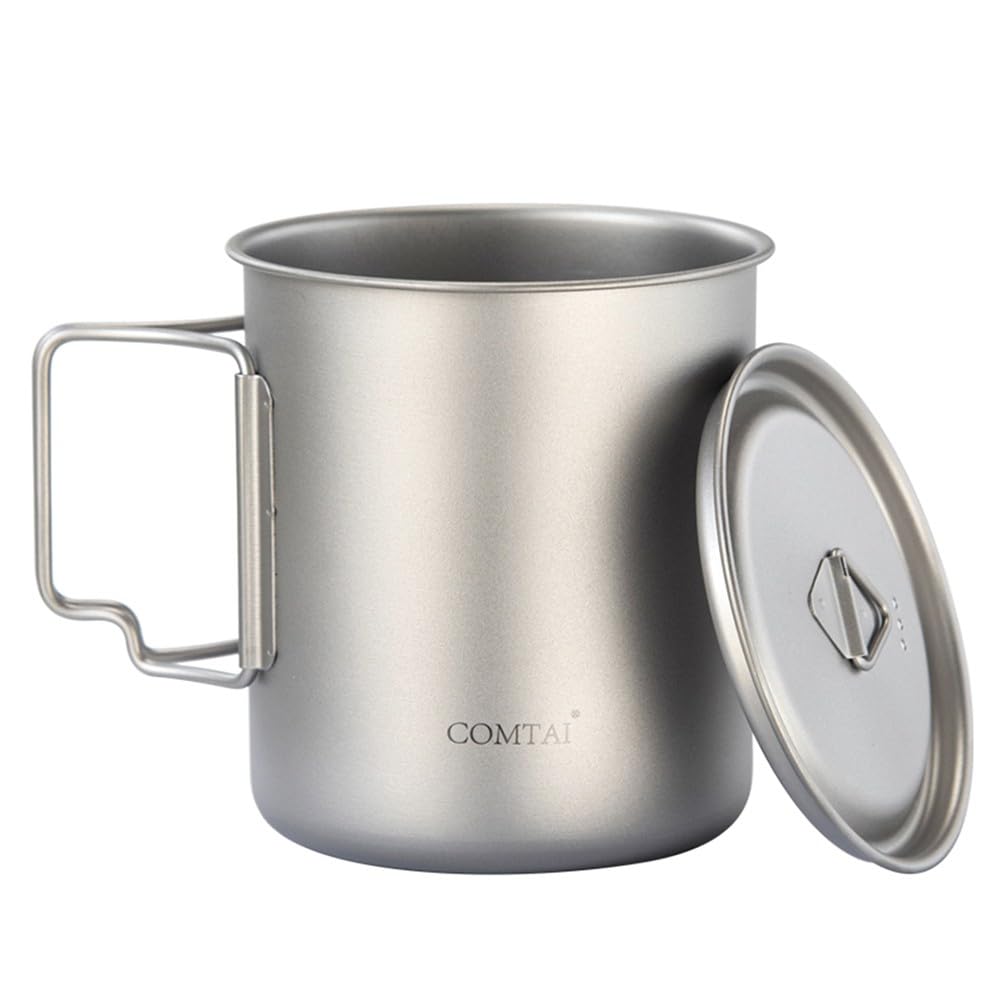 Tasse de camping légère en titane 650 ml - Vaisselle d'extérieur avec marques de volume, poignée pliable, sac en maille pour randonnée et voyage