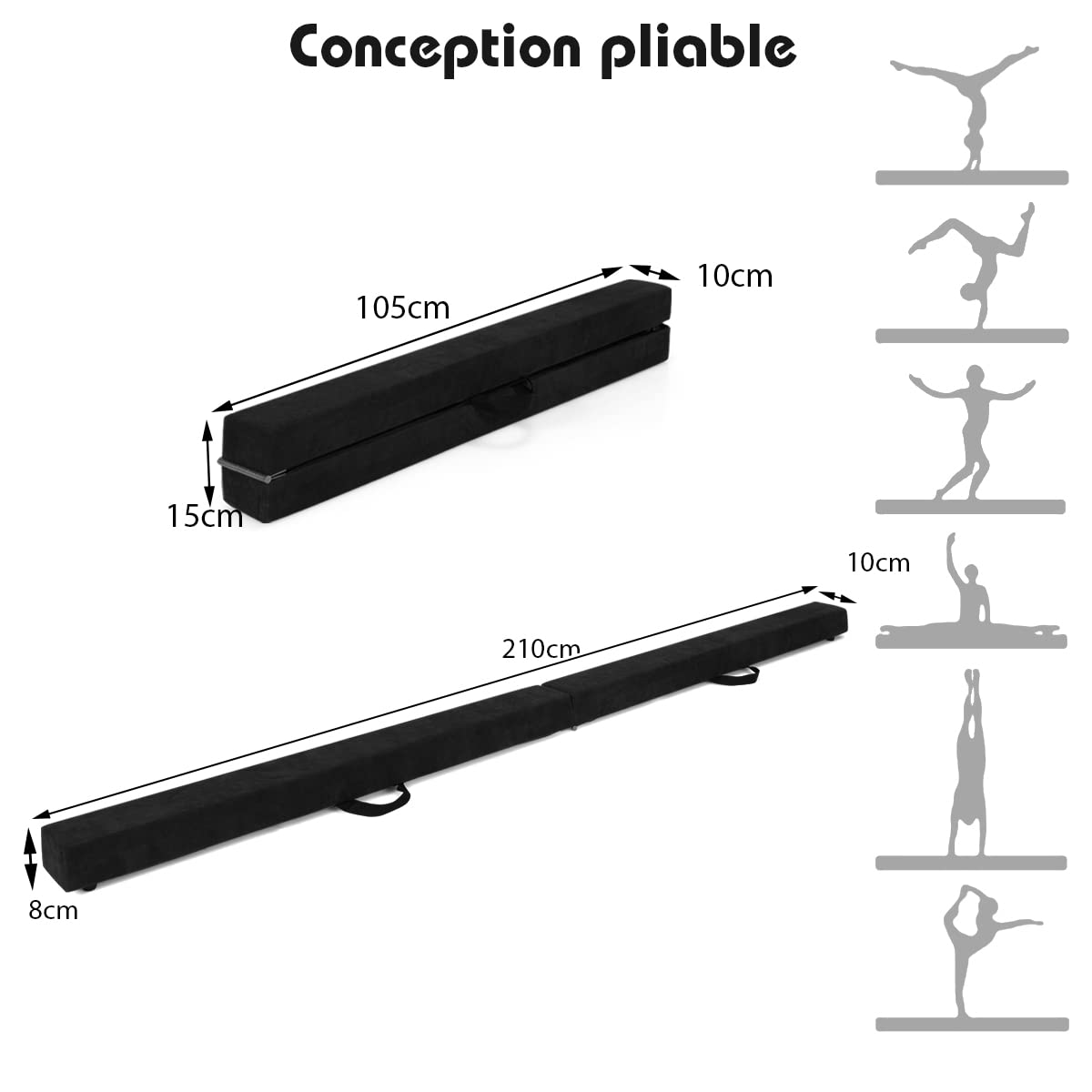 RELAX4LIFE Poutre Gymnastique Pliable 210 cm en Finette avec Pieds Surélevés, Poutre Gym au Sol Portable avec Poignées de Transport, Gymnastique Materiel pour Enfants et Adultes (Noir)