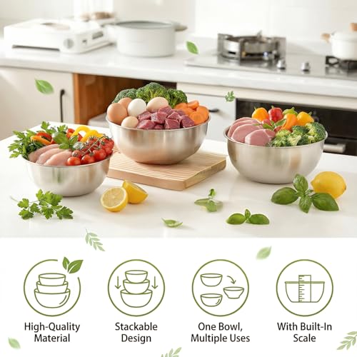 3Pcs Stainless Steel Mixing Bowls Set (0.7Litre,1.2Litre,2Litre), Easy-Grip,Stackable, Stainless Steel Mixing Bowls for Baking, Cooking, Salad & Food Prep - Image 4