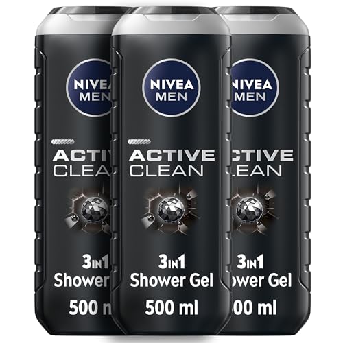 NIVEA MEN Active Clean 3in1 Shower Gel Cleans Body Face and Hair with Active Charcoal for Purified and Stimulating Skin for All Skin Types 3x500ml