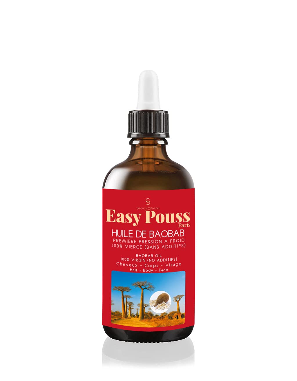 Shandrani Easy Pouss Paris Natural Baobab Oil Nourishes and Protects Hair, also Nourishes and Regenerates Skin 3.5 fl oz
