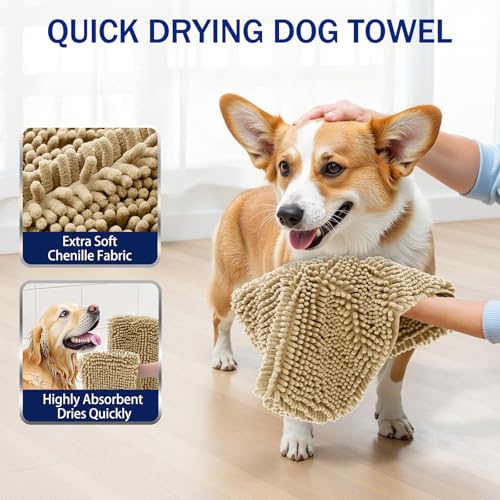 Image of OLANLY Chenille Dog Bath Towel 31x13, Ultra Absorbent Quick Dry Pet Towel, Extra Soft Washable Plush Towel for Large Dogs & Puppies, Indoor Outdoor Use, Beige